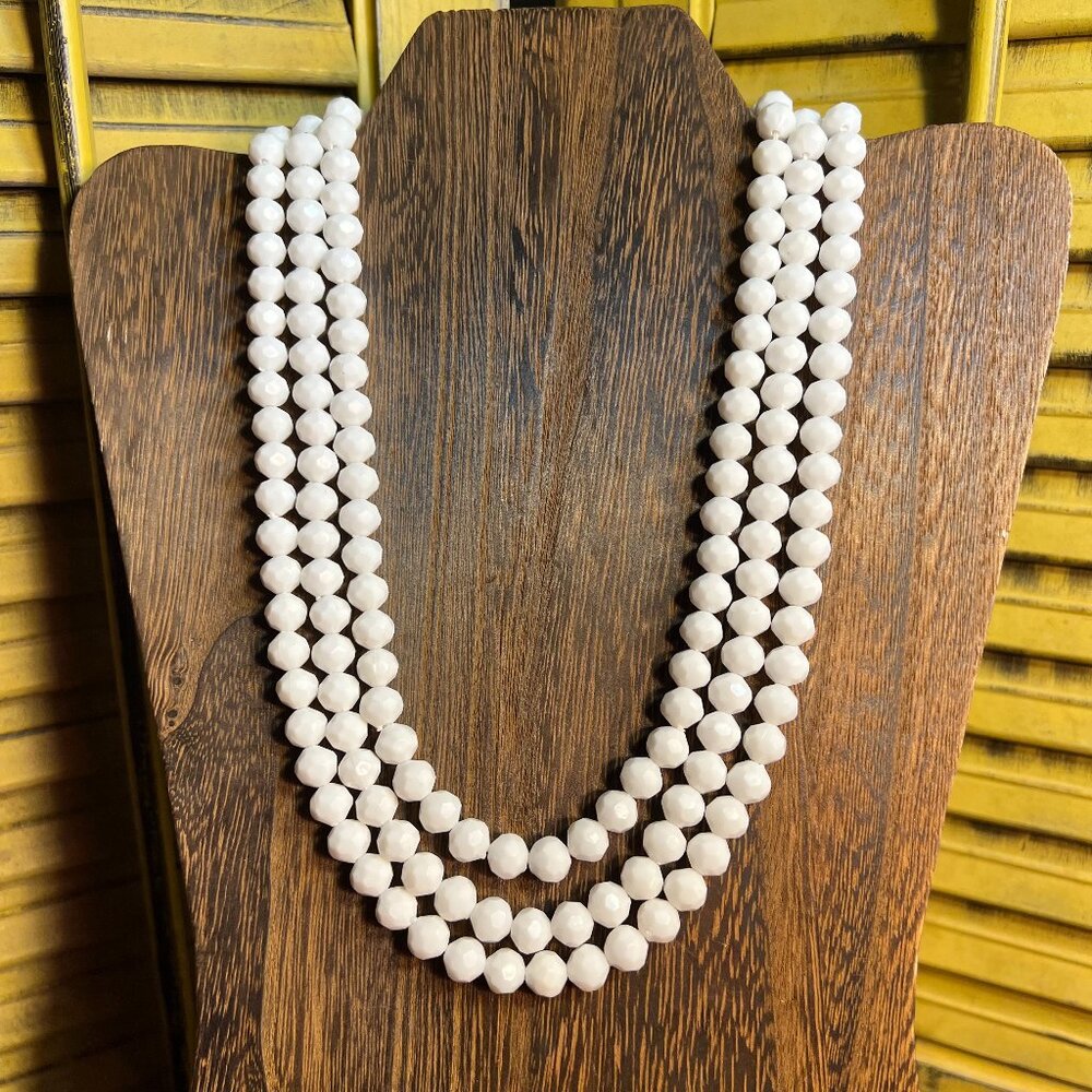 Vintage Triple Strand White Acrylic Beaded Necklace marked Hong Kong